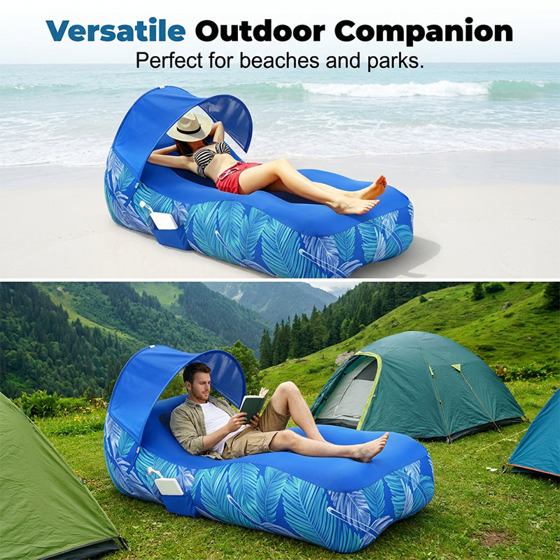 ☀️ Aufblasbarer Strandliege-Luftsessel mit Sonnenschutz – Leicht, kompakt & perfekt für Strand, Pool oder Camping 🌊