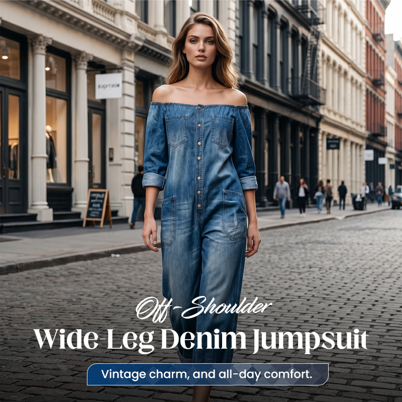 👖 🌬️ Off-Shoulder Denim-Jumpsuit mit weitem Bein – Lässiger Look, luftiger Schnitt & perfekt für Sommer und Urlaub ✨
