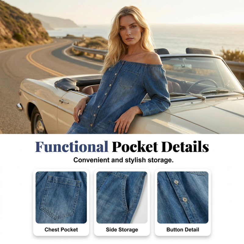 👖 🌬️ Off-Shoulder Denim-Jumpsuit mit weitem Bein – Lässiger Look, luftiger Schnitt & perfekt für Sommer und Urlaub ✨