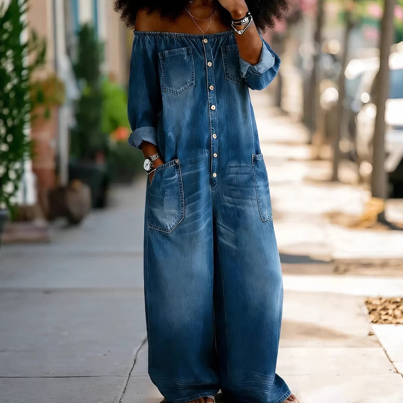 👖 🌬️ Off-Shoulder Denim-Jumpsuit mit weitem Bein – Lässiger Look, luftiger Schnitt & perfekt für Sommer und Urlaub ✨