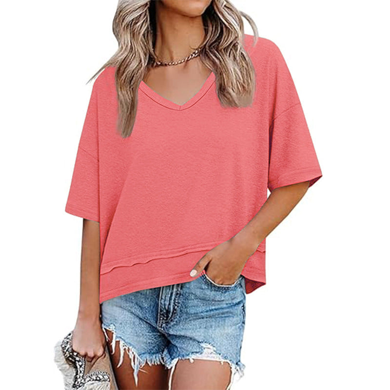 👕✨ 50% RABATT! Damen Oberteil mit halben Ärmeln, V-Ausschnitt und Patchwork-Saum – Leicht, lässig & perfekt für den Sommer 🌸