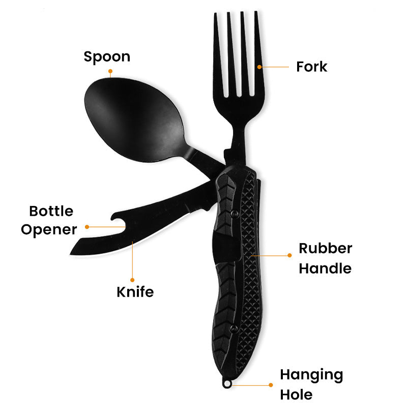 🍴 4-in-1 faltbares multifunktionales Outdoor-Besteck – Löffel, Gabel, Messer & Flaschenöffner – kompakt, leicht & ideal für Camping, Wandern oder Notfalltasche 🏕️
