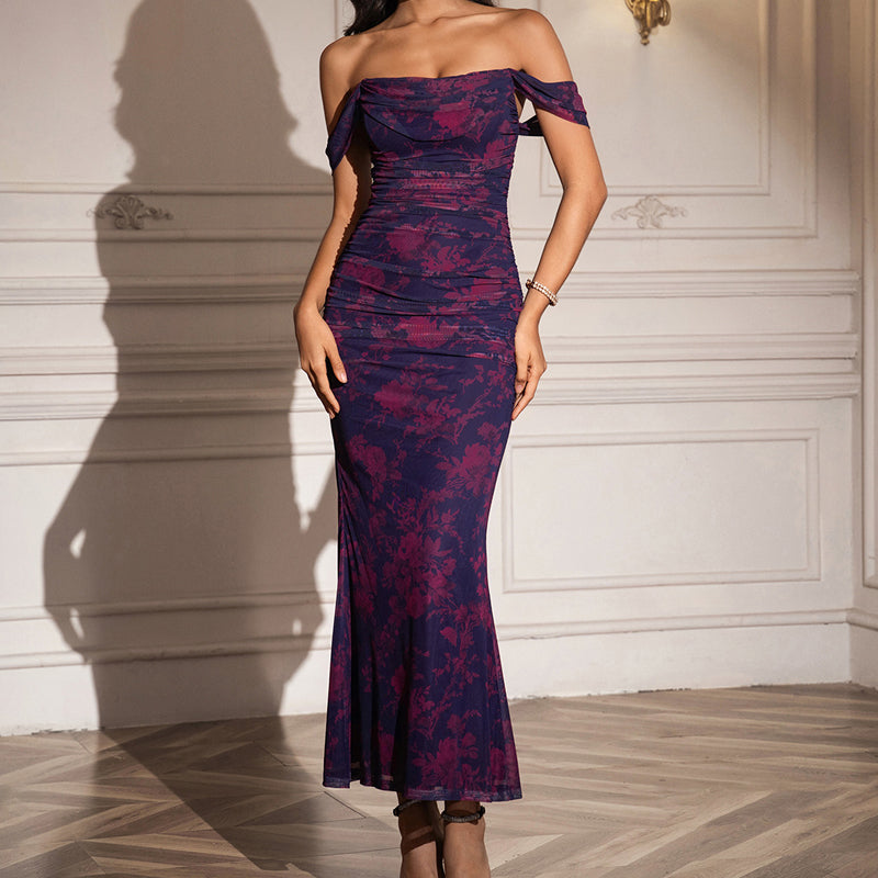 Damen schulterfreies Maxikleid im Meerjungfrau-Stil mit Raffungen
