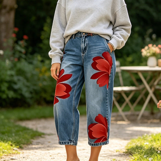 👖🤍Damen Weite Jeans mit Künstlerischer Blumenapplikation