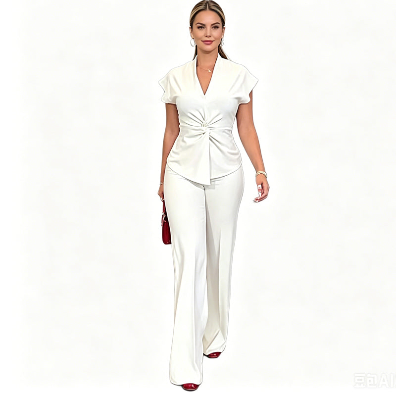 🌞NEU: Sommerkollektion 50% Rabatt 🛍️Elegantes Set aus einem Oberteil mit V-Ausschnitt und einer Hose mit weitem Bein für Damen