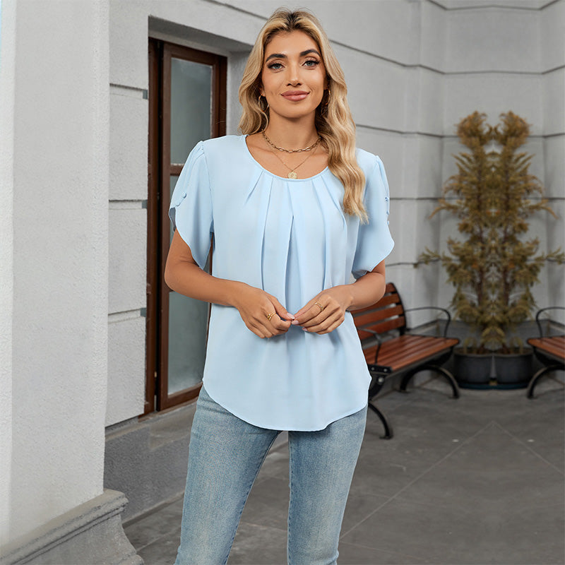 Damen Bluse mit Blütenärmeln und plissiertem Ausschnitt