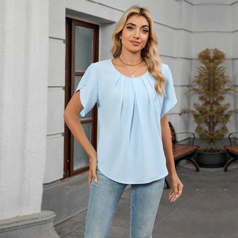 Damen Bluse mit Blütenärmeln und plissiertem Ausschnitt