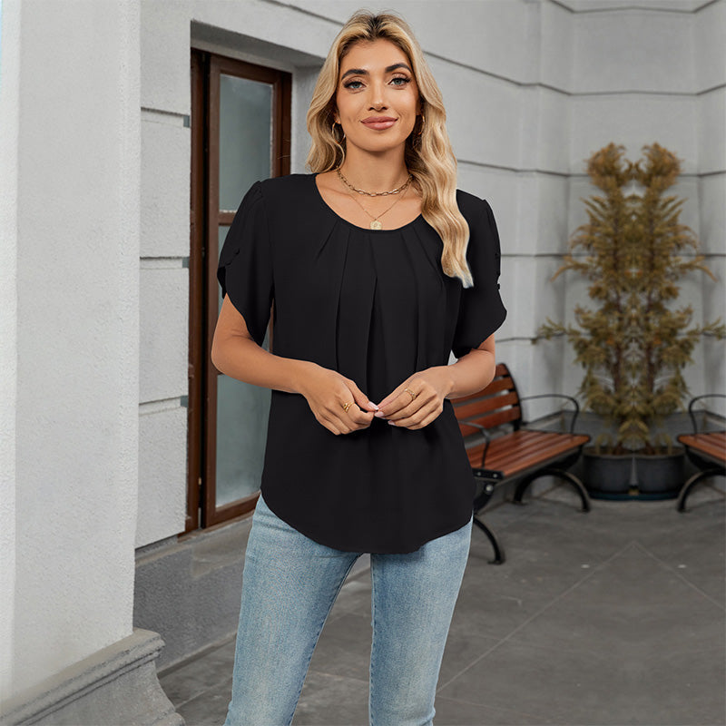 Damen Bluse mit Blütenärmeln und plissiertem Ausschnitt