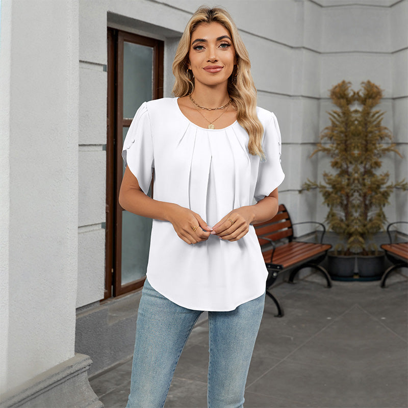 Damen Bluse mit Blütenärmeln und plissiertem Ausschnitt