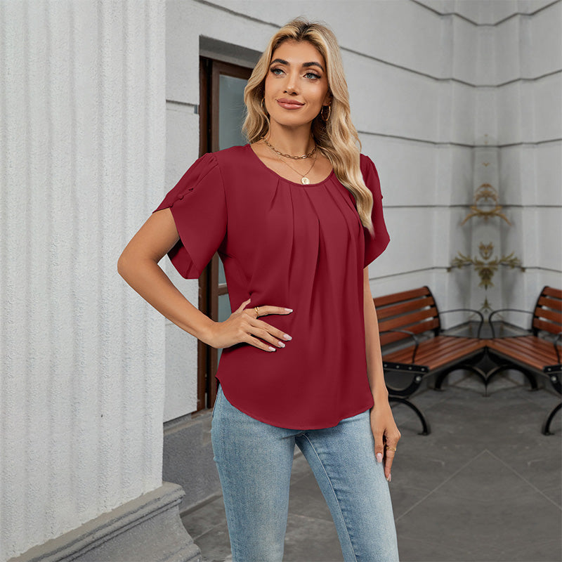 Damen Bluse mit Blütenärmeln und plissiertem Ausschnitt