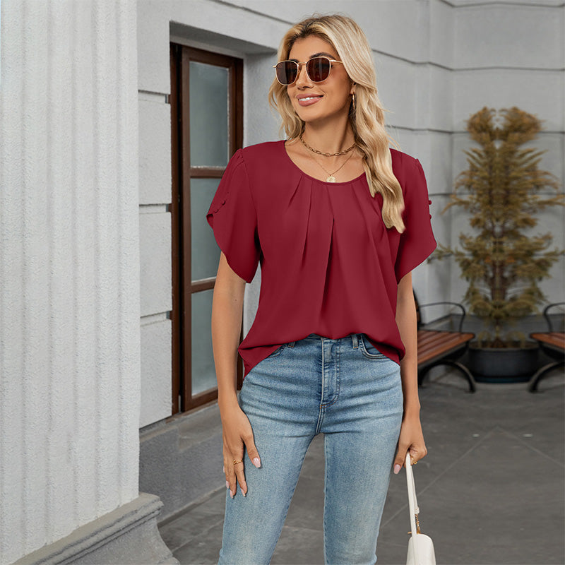 Damen Bluse mit Blütenärmeln und plissiertem Ausschnitt