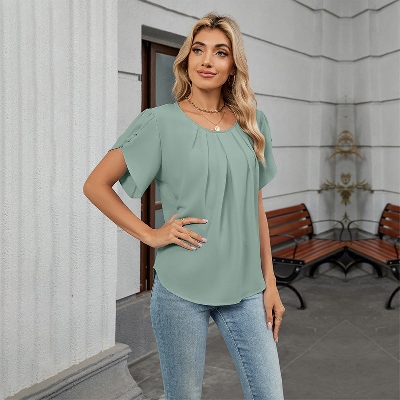 Damen Bluse mit Blütenärmeln und plissiertem Ausschnitt