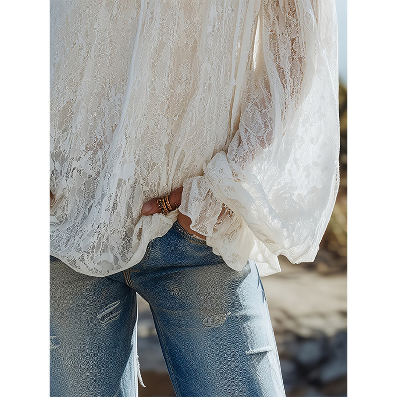 👚 50% RABATT! 🌸 Büsten-BH aus Spitze – Transparent, weite Ärmel & Boho-Stil – Perfekt für Festival, Strand oder romantische Sommerlooks ☀️