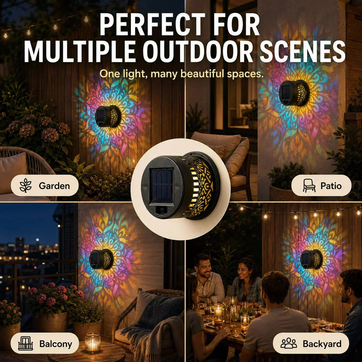 🌞  🌀 Solar Mandala Light – Stunning Pattern Projection, 2-in-1 Floor & Wall Design & IP65 Waterproof Auto On/Off 🌿