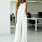 👕 Zweiteiliges Damen Outfit Set – ärmelloses asymmetrisches Top & weite Beinhose mit Knopfdetail, luftiges Sommer-Set in 8 Farben🌿
