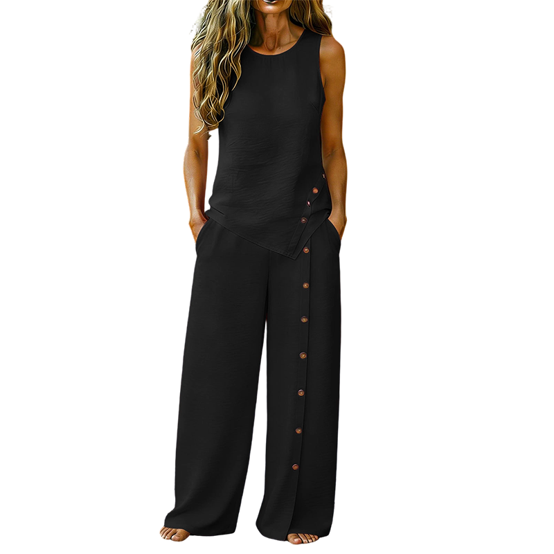 👕 Zweiteiliges Damen Outfit Set – ärmelloses asymmetrisches Top & weite Beinhose mit Knopfdetail, luftiges Sommer-Set in 8 Farben🌿