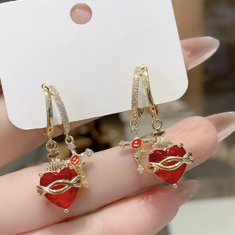 💍 BEGRENZTE ZEIT 50% RABATT! ✨ Rote Herz & Kreuz Ohrringe – Vintageinspiriert, Zart, Symbolisch ✝️