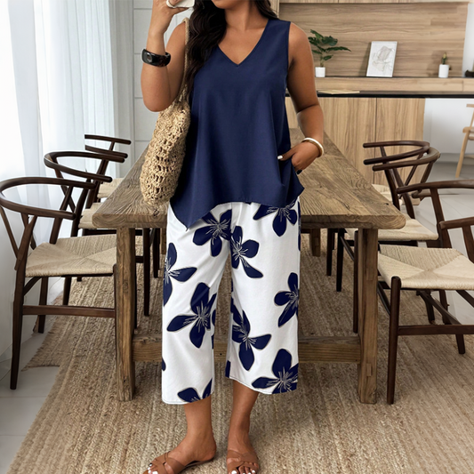 🌸✨ Set aus asymmetrischem Damenoberteil und Caprihose mit Blumenmuster – vielseitig, farbenfroh, bequem 🌺