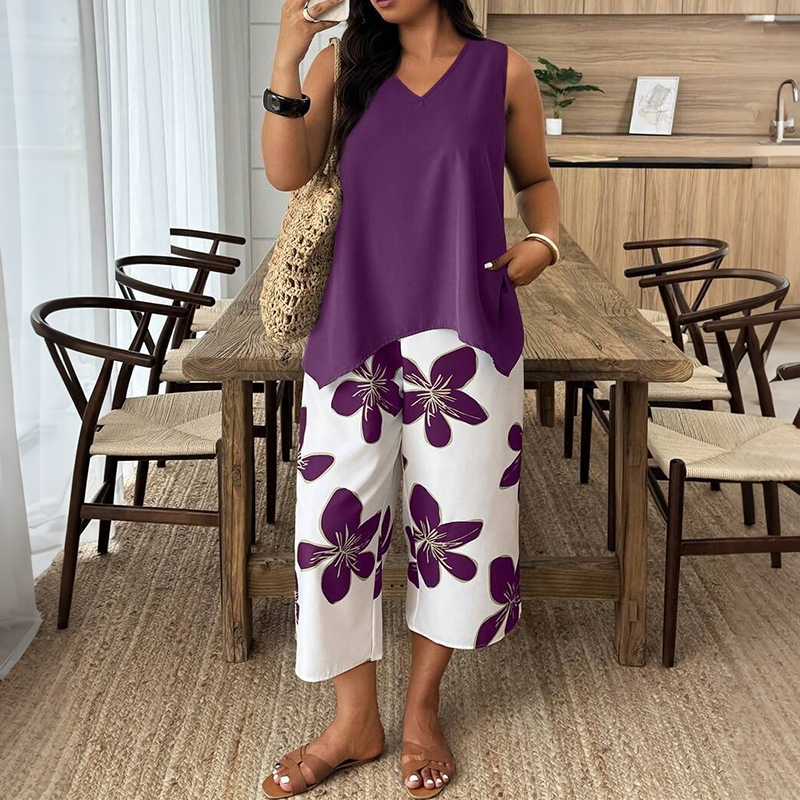 🌸✨ Set aus asymmetrischem Damenoberteil und Caprihose mit Blumenmuster – vielseitig, farbenfroh, bequem 🌺