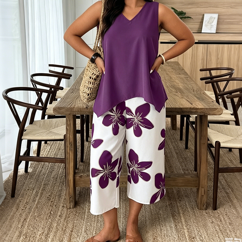 🌸✨ Set aus asymmetrischem Damenoberteil und Caprihose mit Blumenmuster – vielseitig, farbenfroh, bequem 🌺