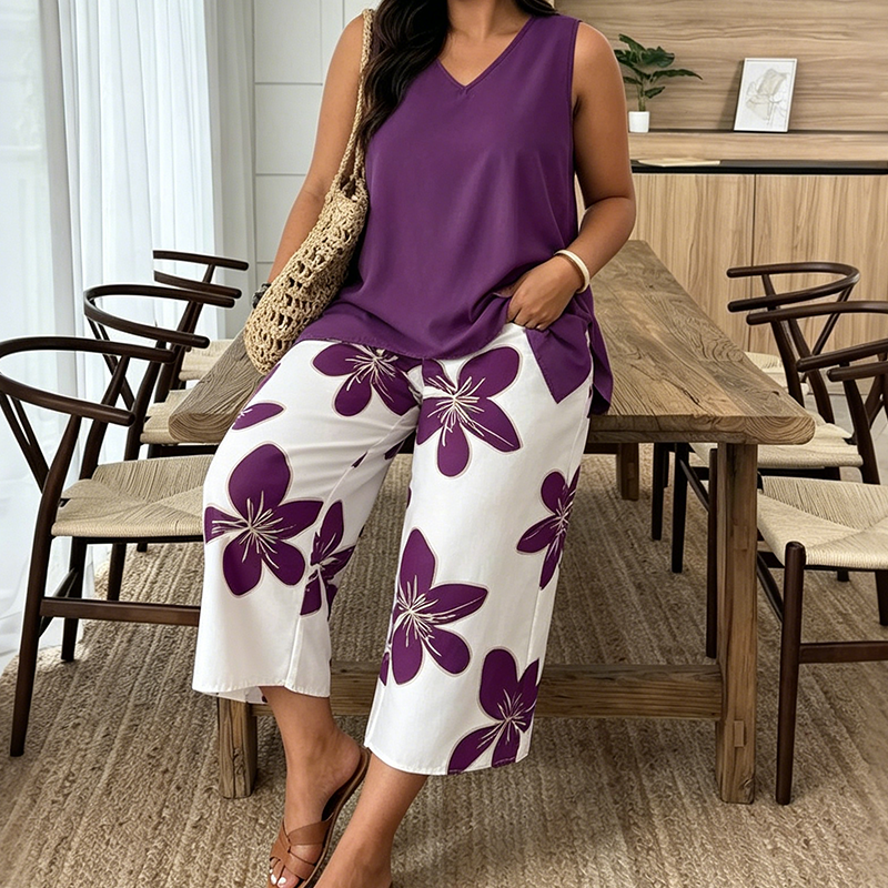 🌸✨ Set aus asymmetrischem Damenoberteil und Caprihose mit Blumenmuster – vielseitig, farbenfroh, bequem 🌺