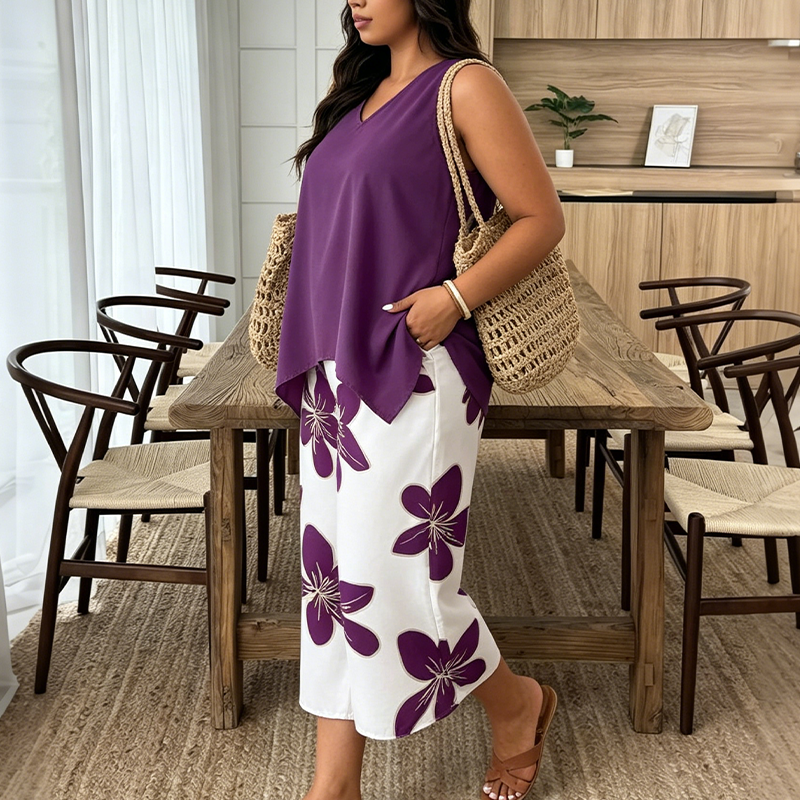 🌸✨ Set aus asymmetrischem Damenoberteil und Caprihose mit Blumenmuster – vielseitig, farbenfroh, bequem 🌺