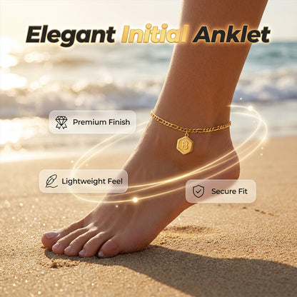 ✨ Damen Fußkette mit Initiale 💛 Goldfarbene Figaro-Kette im Minimalistischen Stil