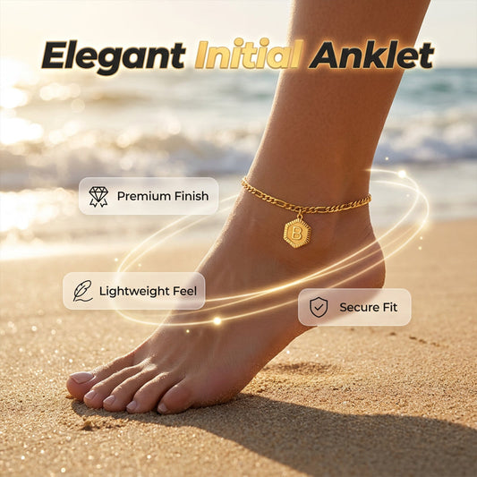 ✨ Damen Fußkette mit Initiale 💛 Goldfarbene Figaro-Kette im Minimalistischen Stil