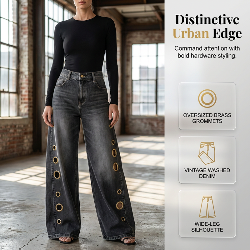 💥 50% RABATT 🔥 Damen Jeans mit weitem Bein & stylischer Ösenverzierung 👖 Trendig, bequem & absolut auffällig ✨
