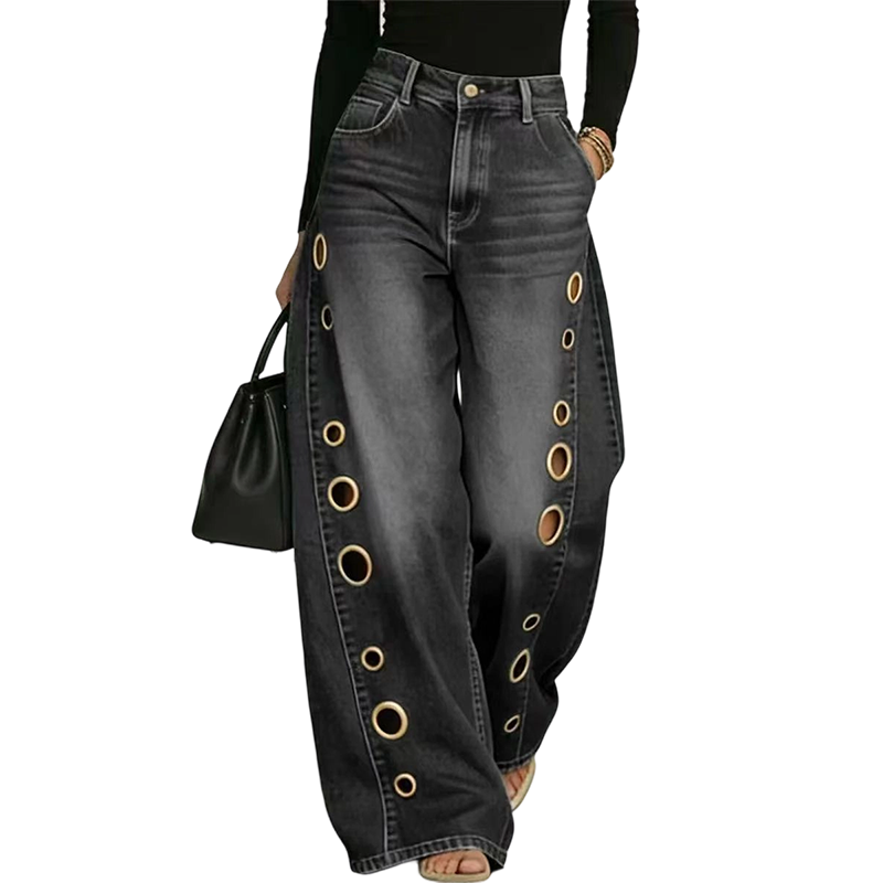 💥 50% RABATT 🔥 Damen Jeans mit weitem Bein & stylischer Ösenverzierung 👖 Trendig, bequem & absolut auffällig ✨