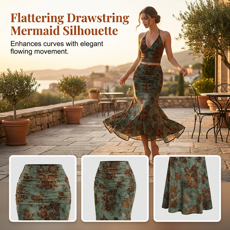 Boho-Zweiteiler mit floralem Print (Halterneck-Top und Maxirock)