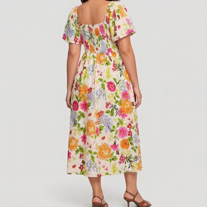 🏖️Sommer-Sonderangebot: 50 % Rabatt🏝️👗Midi-Kleid mit Blumenmuster, Smok-Details, quadratischem Ausschnitt und Taschen💃