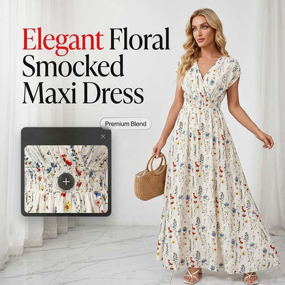 👗 Langes Maxikleid mit Blumenmuster, V-Ausschnitt & geraffter Taille – elegant & figurbetonend