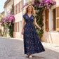 👗 Langes Maxikleid mit Blumenmuster, V-Ausschnitt & geraffter Taille – elegant & figurbetonend