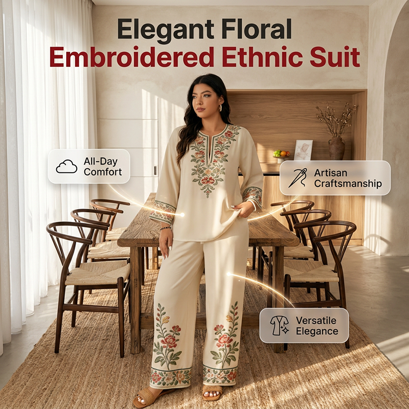 Blumenbesticktes 2-teiliges Damen-Set: Langarmbluse & weite Hose – Elegant & komfortabel für Alltag & festliche Anlässe