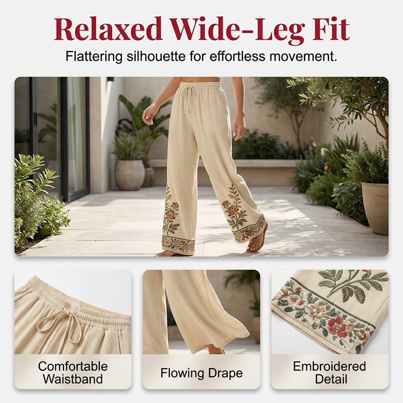 Blumenbesticktes 2-teiliges Damen-Set: Langarmbluse & weite Hose – Elegant & komfortabel für Alltag & festliche Anlässe