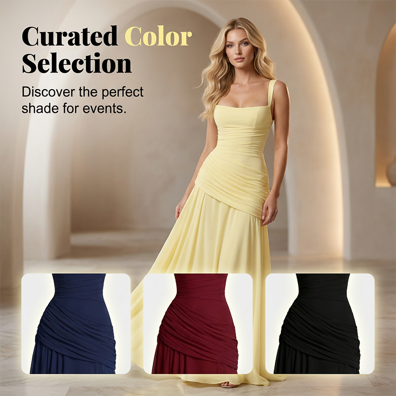 Elegantes Maxikleid mit geraffter Taille & Square Neck – Fließendes Abendkleid in Gelb für Hochzeiten & Festivals