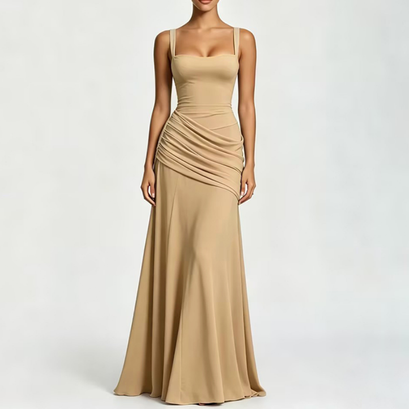 Elegantes Maxikleid mit geraffter Taille & Square Neck – Fließendes Abendkleid in Gelb für Hochzeiten & Festivals