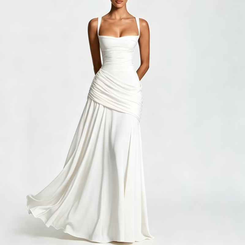 Elegantes Maxikleid mit geraffter Taille & Square Neck – Fließendes Abendkleid in Gelb für Hochzeiten & Festivals