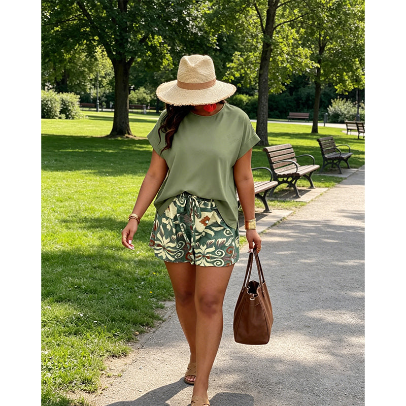 Damen Freizeitset 🌿 Bequemes Oberteil mit Fledermausärmeln & Gemusterte Shorts