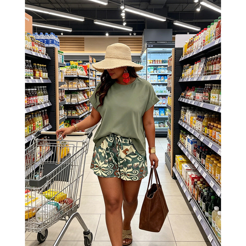 Damen Freizeitset 🌿 Bequemes Oberteil mit Fledermausärmeln & Gemusterte Shorts