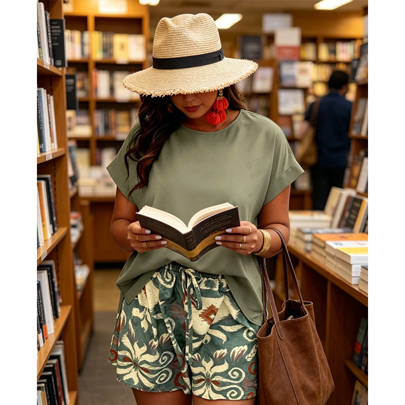 Damen Freizeitset 🌿 Bequemes Oberteil mit Fledermausärmeln & Gemusterte Shorts