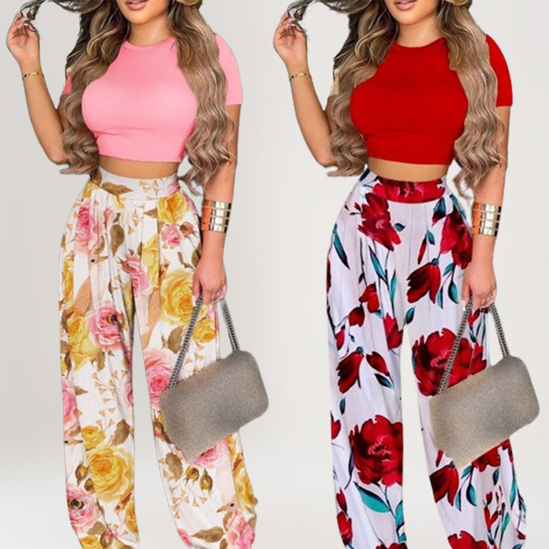Zweiteiliges Damen-Set: Figurbetontes Kurzarm-T-Shirt und lockere Hose