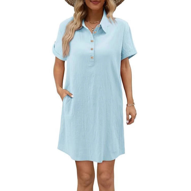 Lässiges Kurzarmkleid mit Knöpfen und Taschen
