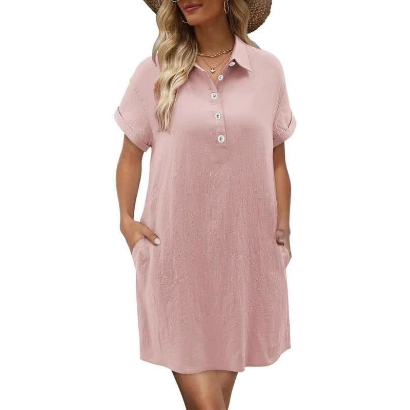 Lässiges Kurzarmkleid mit Knöpfen und Taschen