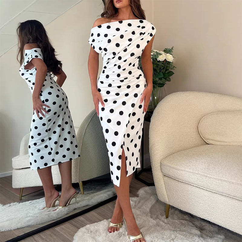 👗🎀 50% RABATT! Weiß-Schwarzes Polka-Dot Asymmetrisches Kleid – Vintage-Charme, schmeichelhafte Silhouette & perfekt für Sommer, Party & Date ✨