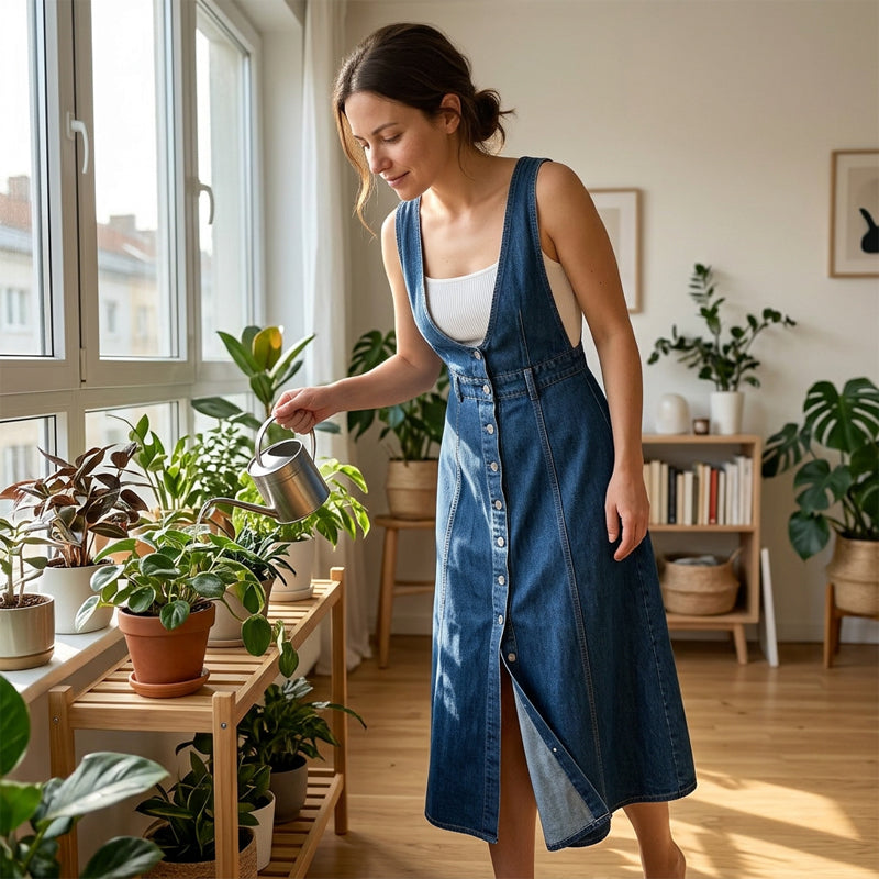 ✨Sommer-Sonderangebot 50% RABATT!👗 Neues Sommerkleid für Damen – blue Jean-Look mit Used-Optik, Träger & einreihige Knopfleiste, mittellang 🌊✨