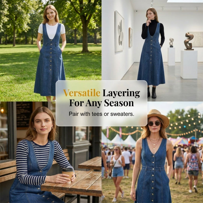 ✨Sommer-Sonderangebot 50% RABATT!👗 Neues Sommerkleid für Damen – blue Jean-Look mit Used-Optik, Träger & einreihige Knopfleiste, mittellang 🌊✨