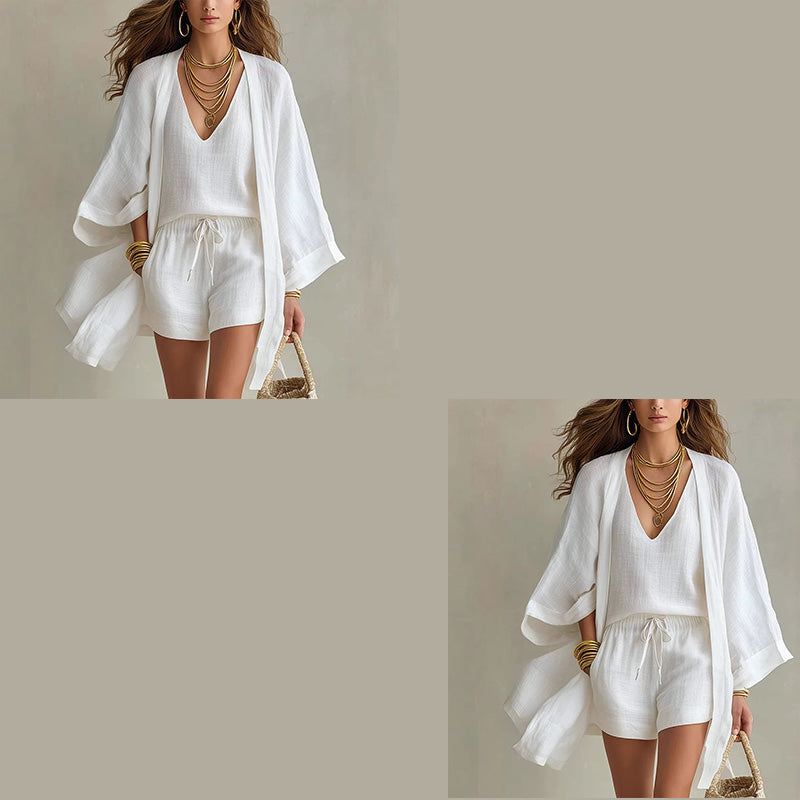 🤍 3-teiliges Freizeit-Set für Damen ✨ Loungewear mit Tunika, Top & Shorts – luftiges Homewear für Urlaub & Alltag