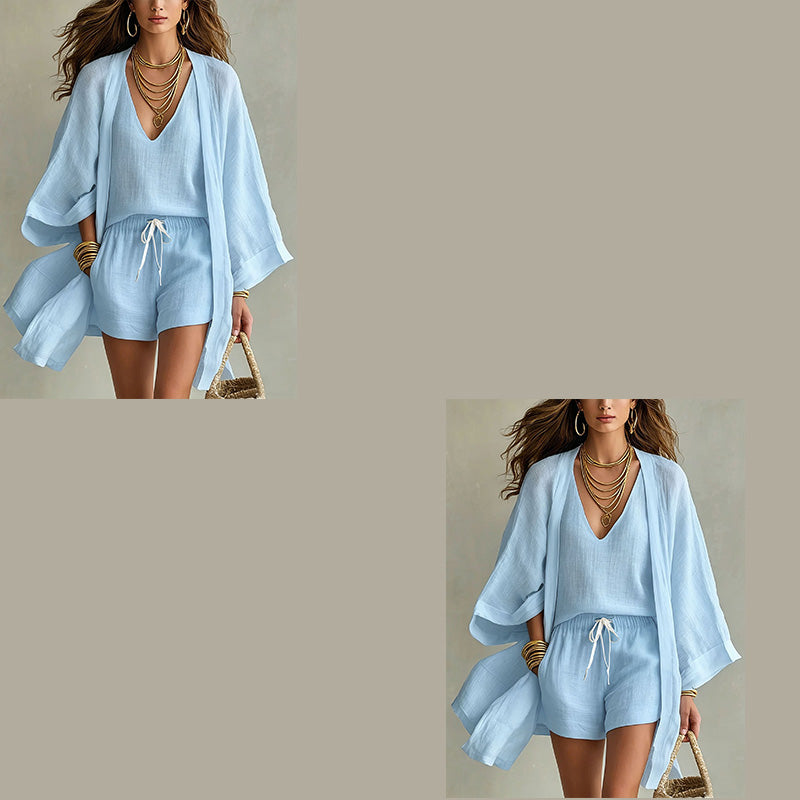 🤍 3-teiliges Freizeit-Set für Damen ✨ Loungewear mit Tunika, Top & Shorts – luftiges Homewear für Urlaub & Alltag